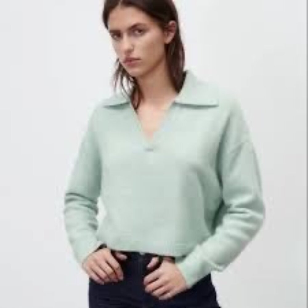 Zara Womens Oversized Polo Collared Knit V-Neck Sweater